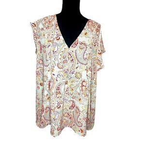 NWT CYNTHIA ROWLEY WOMENS PAISLEY V-NECK SHORT SLEEVE SUMMER BLOUSE SIZE‎ 3XL